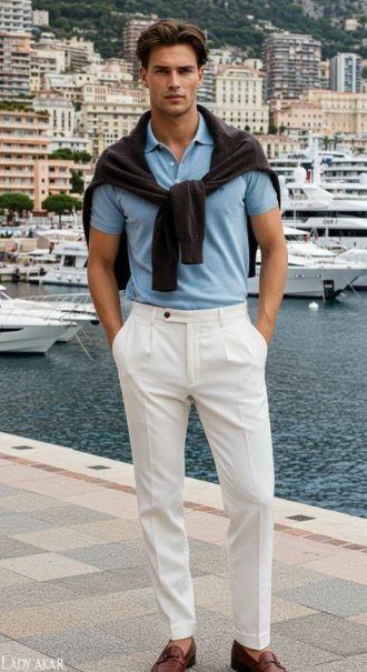 Men's Light Blue Polo Shirt & White Trousers Outfit