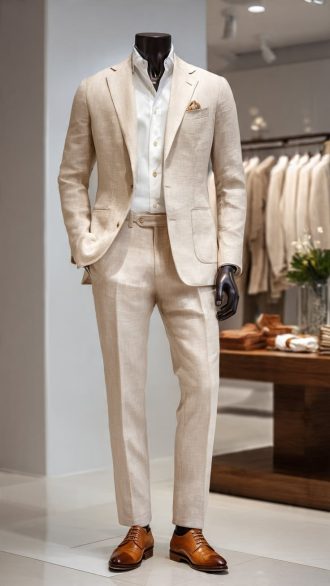 Lightweight Beige Linen Blend Suit for Men