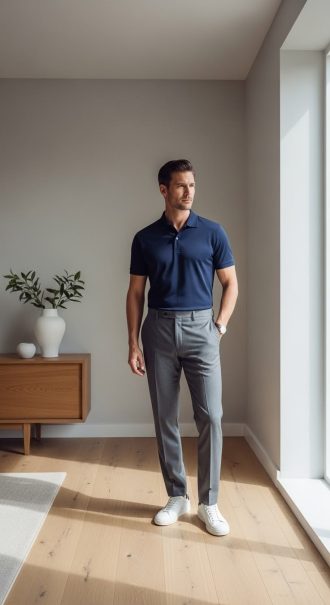 Stylish Men's Business Casual Look: Navy Polo, Grey Pants, White Sneakers