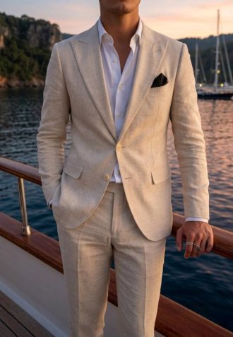 Summer Beach Wedding Suit - Men's Beige Linen