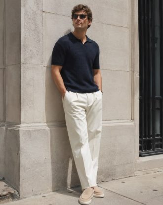 Classic Men's Ribbed Knit Polo - Navy Blue